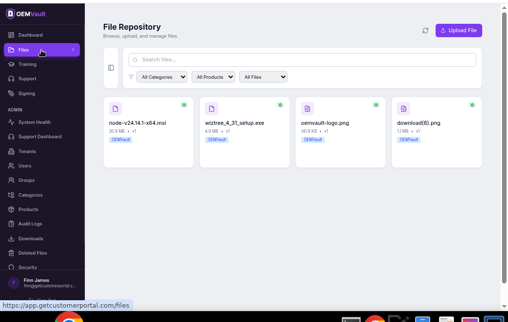OEMVault file repository showing uploaded files with categories, version control, and tenant organization