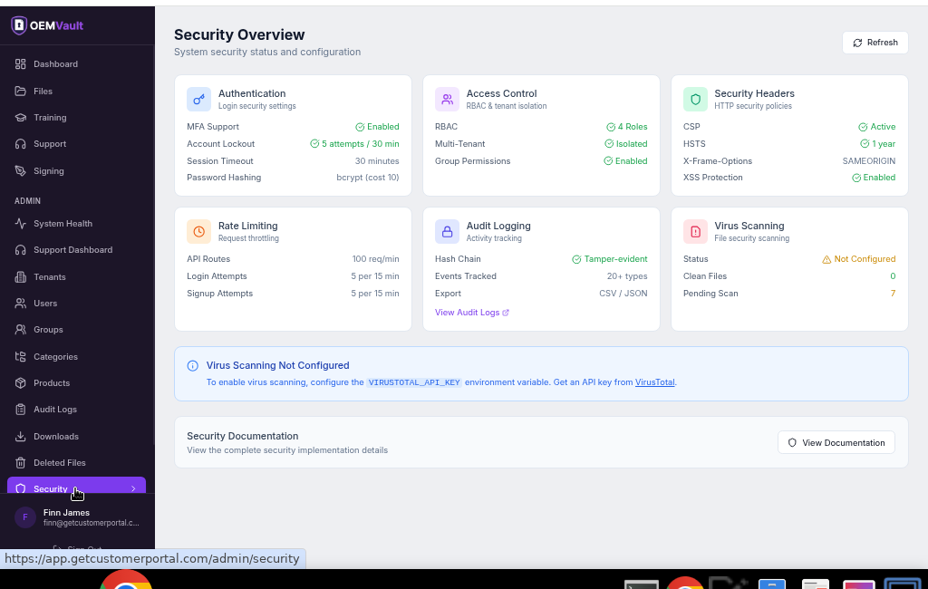 OEMVault security overview showing authentication settings, access control, audit logging, and virus scanning status