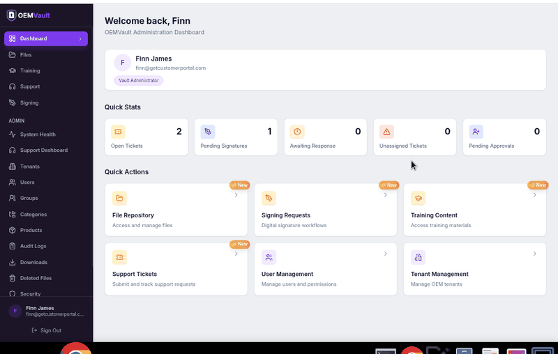OEMVault portal walkthrough showing the dashboard, file repository, digital signing, support ticketing, system health monitoring, security settings, training hub, and tenant management