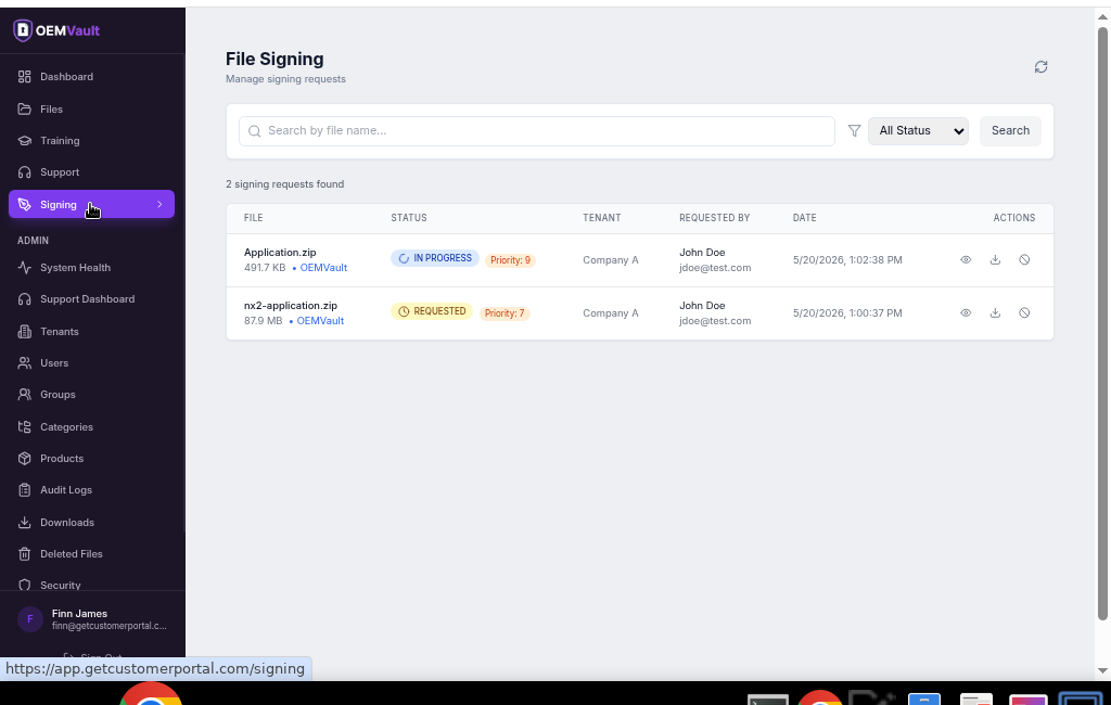 OEMVault file signing interface showing signing requests with status tracking, priorities, and tenant assignments