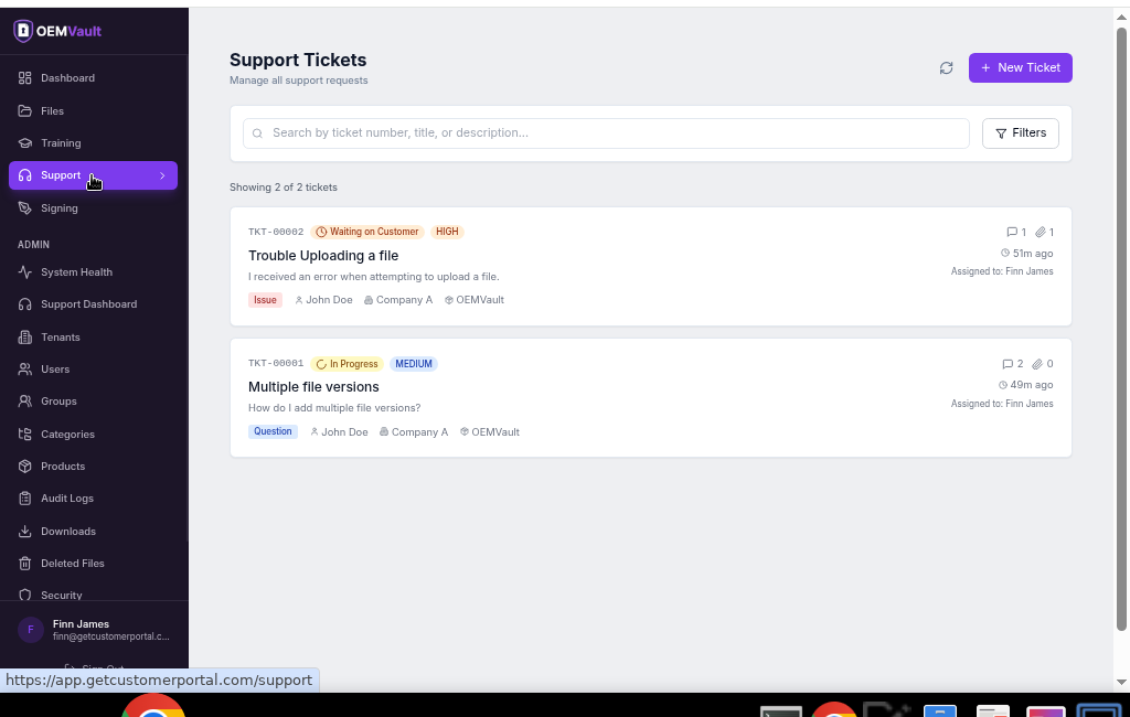 OEMVault support ticketing system showing open tickets with priority levels, status, and assignee tracking