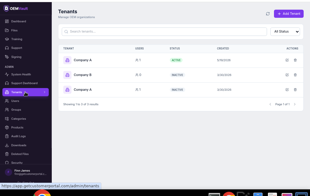 OEMVault tenant management showing multi-tenant organizations with user counts, status, and access controls