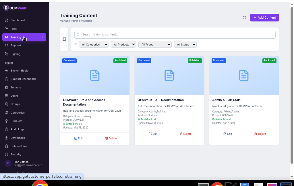 OEMVault training content hub showing published documentation, API guides, and categorized training materials
